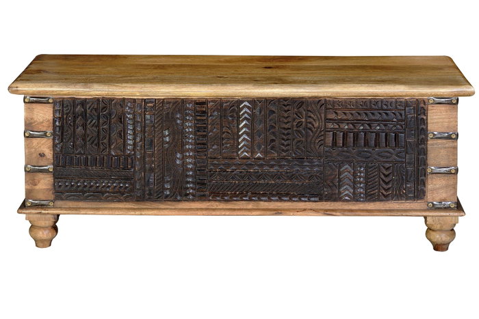 GINER Y COLOMER Buffet en bois de manguier, ouverture supérieure, grand rangement, devant sculpté à la main, couleur naturelle